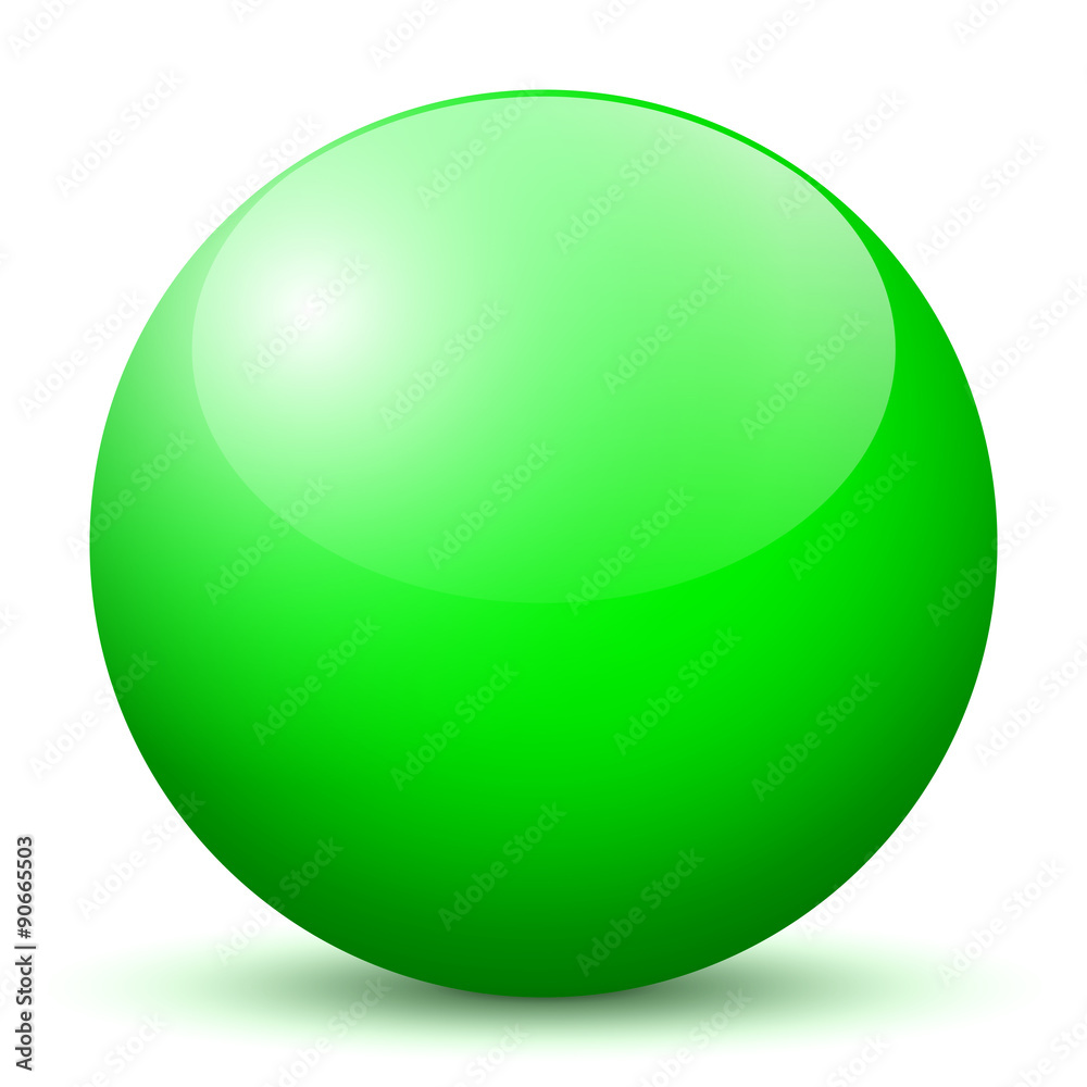 Beautiful Green Unlabeled 3D Vector Sphere with Smooth Shadow on the Ground and White Background - Marble, Glossy, Glass, Ball, Pearl, Globe - With Bright Reflection - Kugel, Glaskugel, Murmel, Grün 