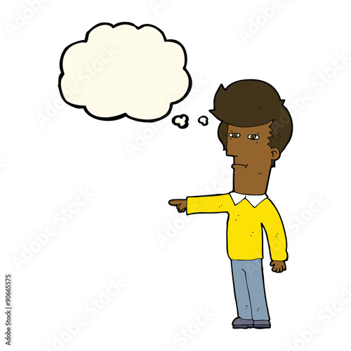 cartoon man blaming with thought bubble