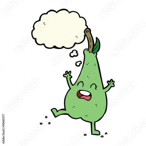 cartoon happy dancing pear with thought bubble