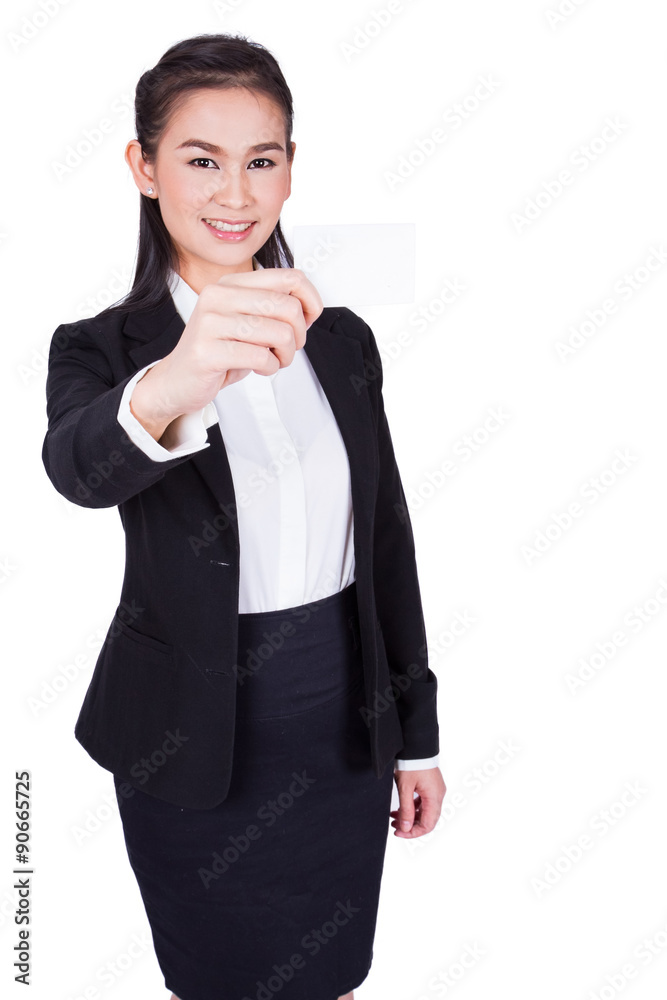Businesswoman handing a business card on a white background. Businesswoman handing a business card on a white background.