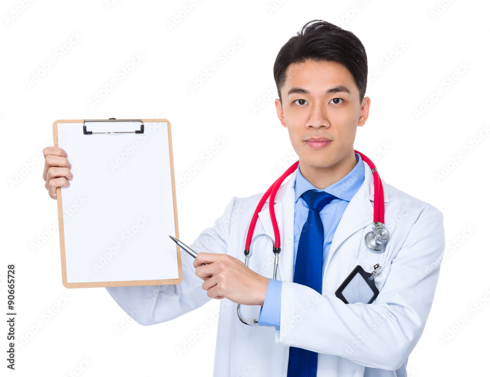 Doctor with pen point to clipboard Doctor with pen point to clipboard