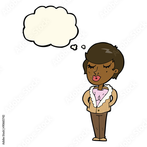 cartoon cool relaxed woman with thought bubble