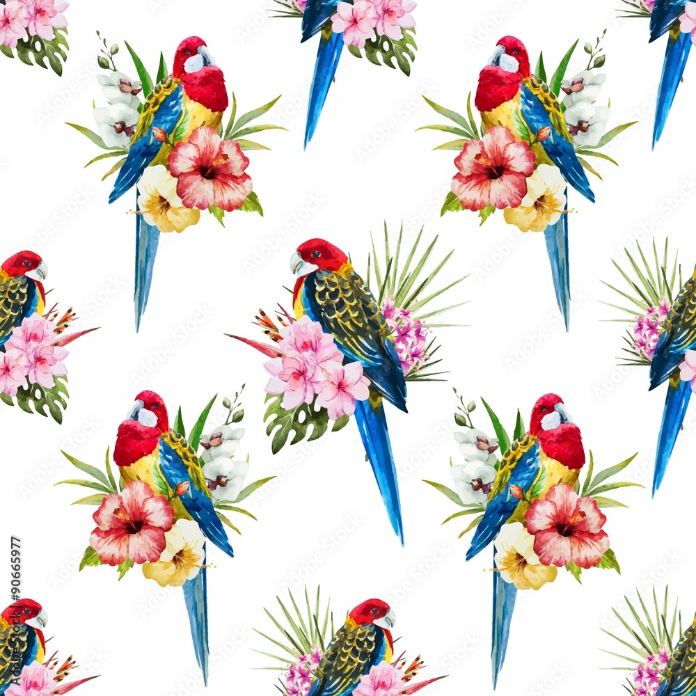Watercolor vector rosella bird pattern