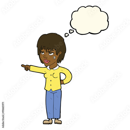 cartoon woman pointing with thought bubble