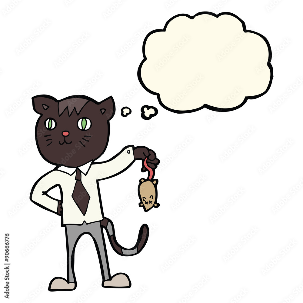 Obraz premium cartoon business cat with dead mouse with thought bubble