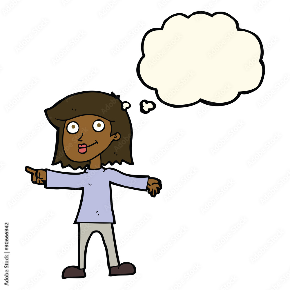 cartoon happy woman pointing with thought bubble cartoon happy woman pointing with thought bubble