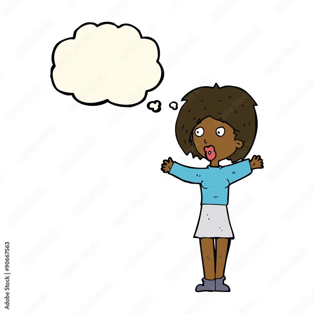 cartoon worried woman with thought bubble