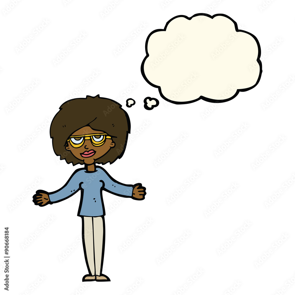 cartoon woman wearing spectacles with thought bubble cartoon woman wearing spectacles with thought bubble