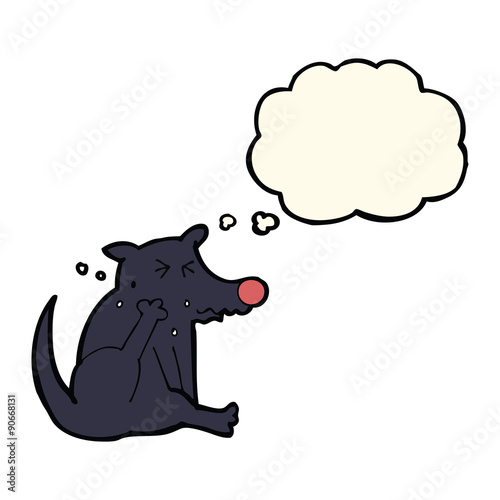 cartoon dog scratching with thought bubble