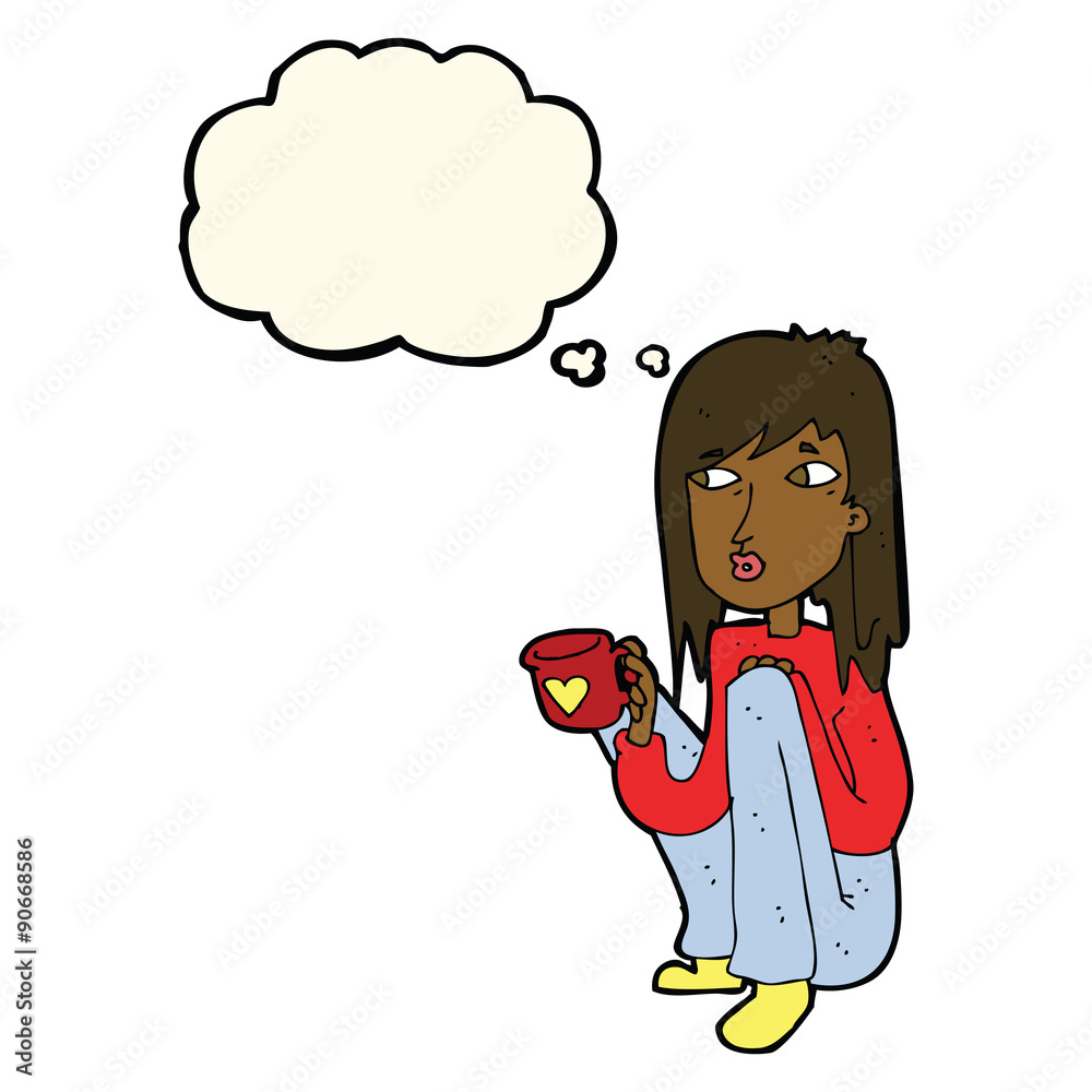 cartoon woman sitting with cup of coffee with thought bubble cartoon woman sitting with cup of coffee with thought bubble