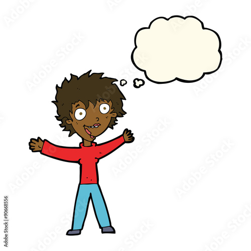 cartoon excited woman with thought bubble