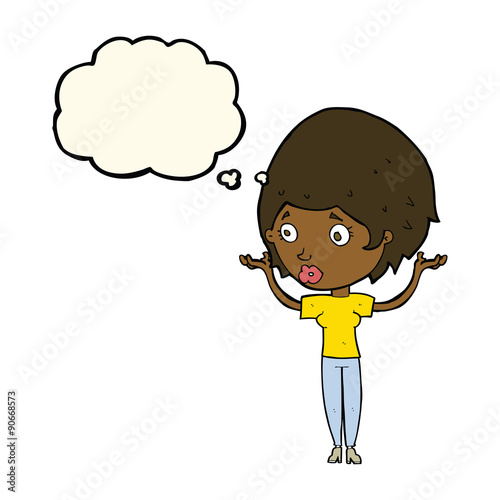 cartoon woman raising hands in air with thought bubble