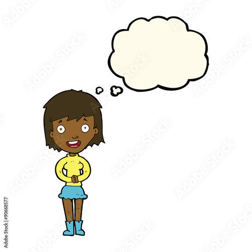 cartoon excited woman with thought bubble