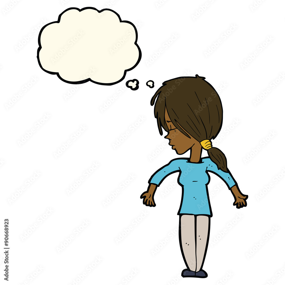 cartoon woman shrugging shoulders with thought bubble cartoon woman shrugging shoulders with thought bubble