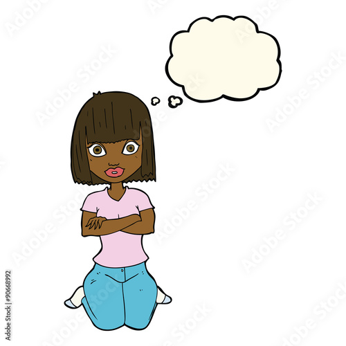 cartoon woman kneeling with thought bubble