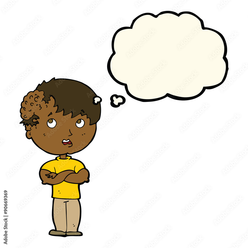 cartoon boy with growth on head with thought bubble