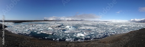 Panorama from the Jökulsárlón Glacier lagoon southeast Iceland in the morning