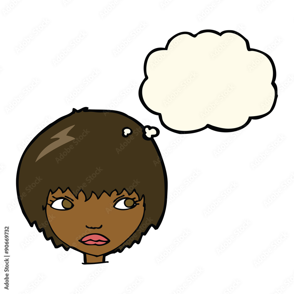 cartoon unhappy girl with thought bubble