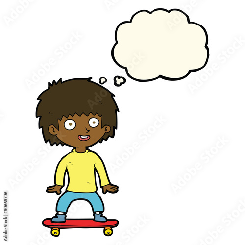 cartoon boy on skateboard with thought bubble