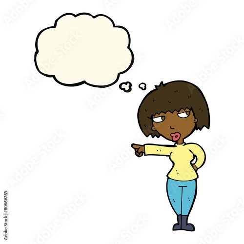 cartoon annoyed woman pointing with thought bubble