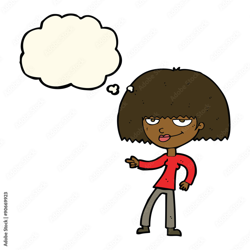 cartoon happy woman pointing with thought bubble