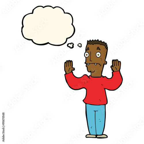 cartoon man surrendering with thought bubble