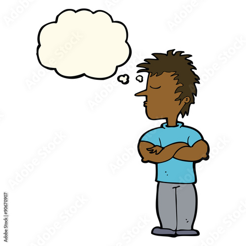 cartoon man refusing to listen with thought bubble
