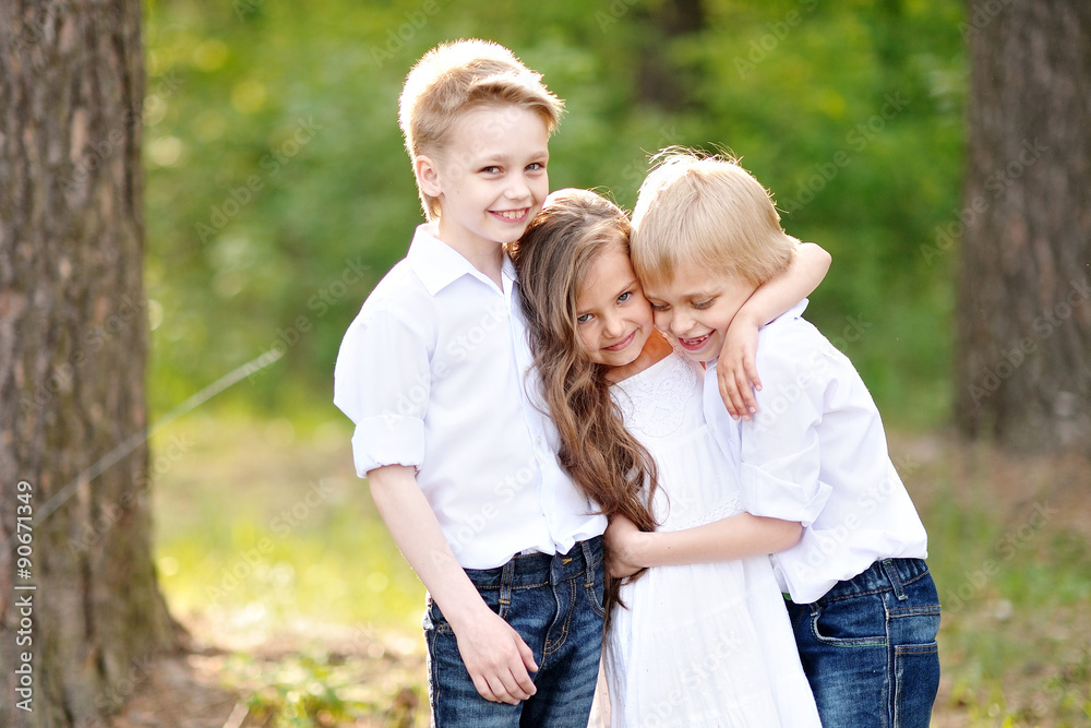 three children playing on meadow in summer