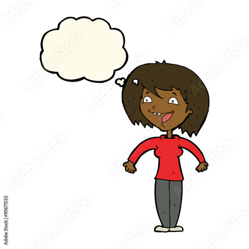cartoon excited woman with thought bubble