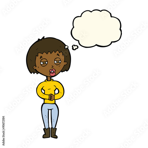 cartoon tired woman with thought bubble