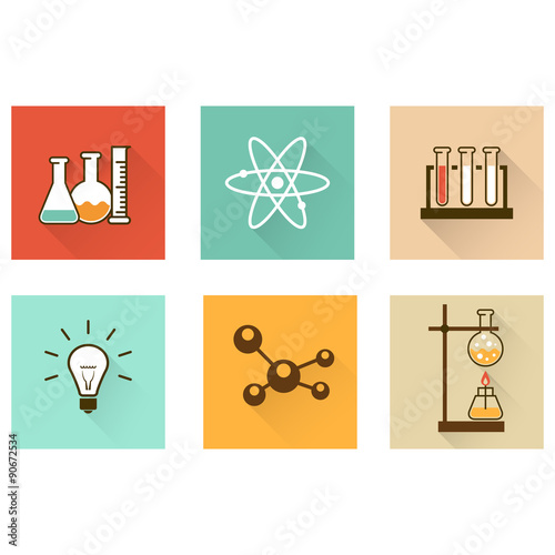 Scientific laboratory flat icons with chemistry test-tubes and flasks