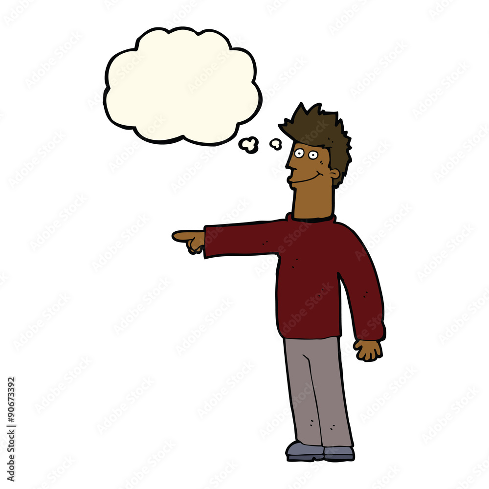 cartoon happy pointing man with thought bubble cartoon happy pointing man with thought bubble