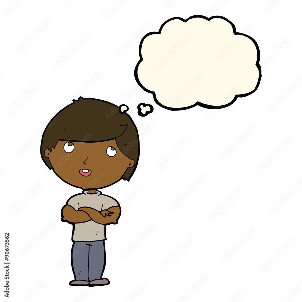 cartoon happy man with folded arm with thought bubble cartoon happy man with folded arm with thought bubble
