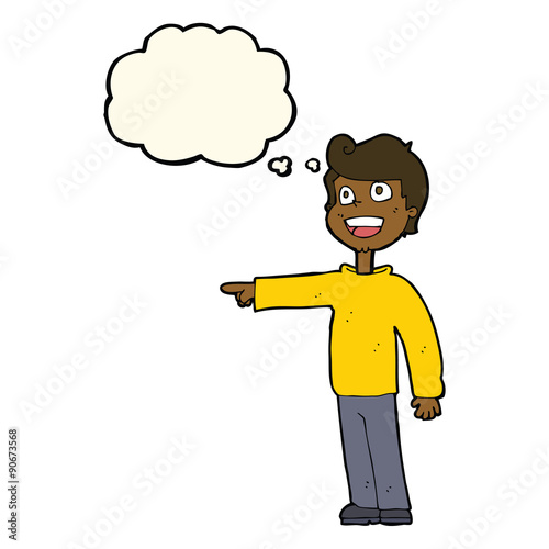 cartoon man pointing and laughing with thought bubble