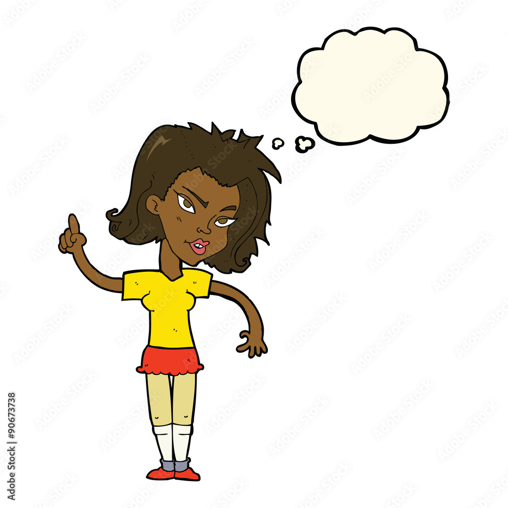 cartoon woman with idea with thought bubble cartoon woman with idea with thought bubble