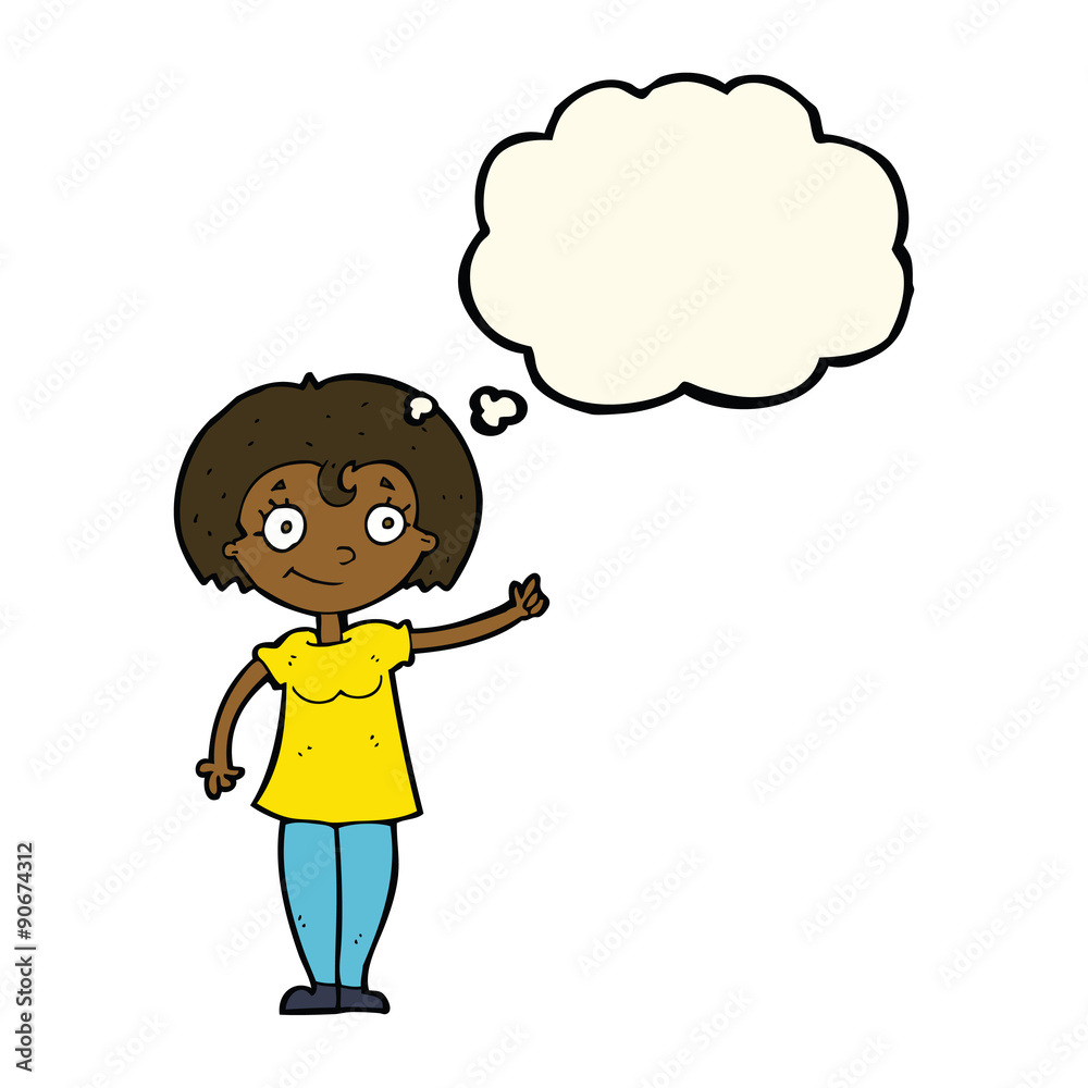 cartoon happy woman pointing with thought bubble cartoon happy woman pointing with thought bubble