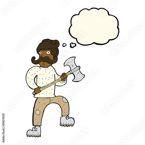 cartoon man with axe with thought bubble
