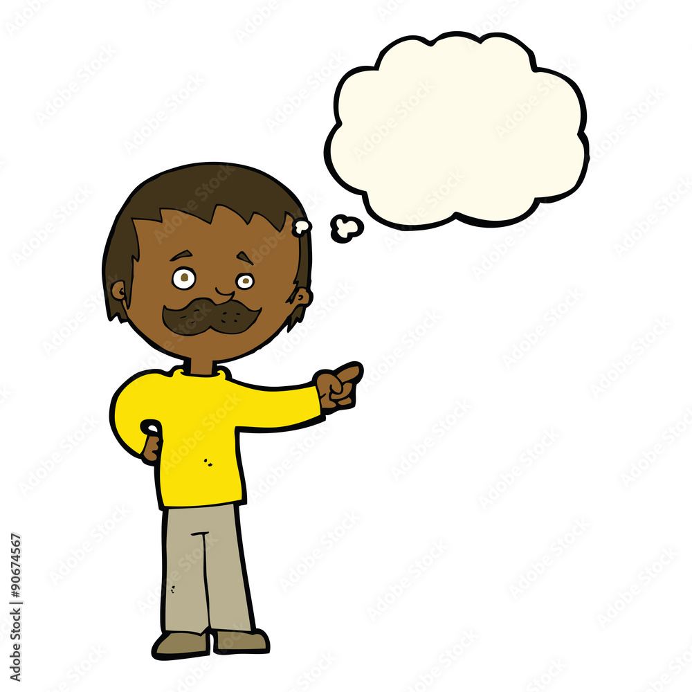 cartoon man with mustache pointing with thought bubble cartoon man with mustache pointing with thought bubble