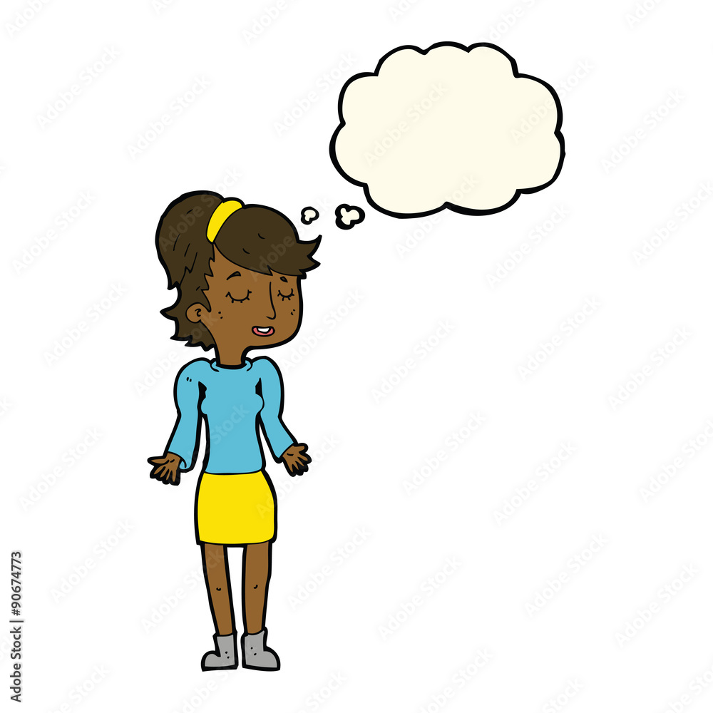cartoon woman shrugging shoulders with thought bubble cartoon woman shrugging shoulders with thought bubble