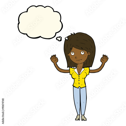 cartoon woman holding up hands with thought bubble