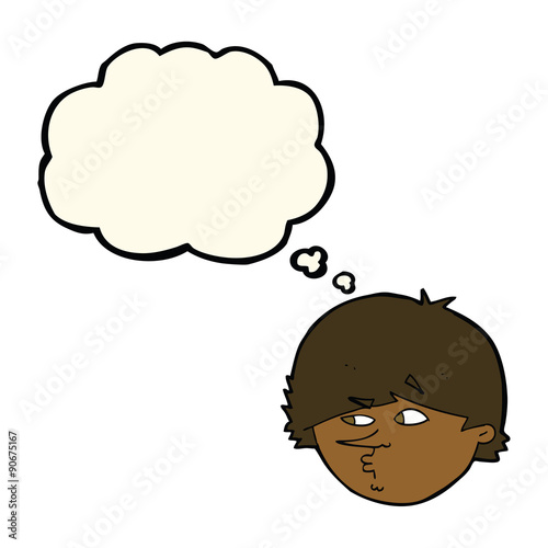 cartoon suspicious man with thought bubble