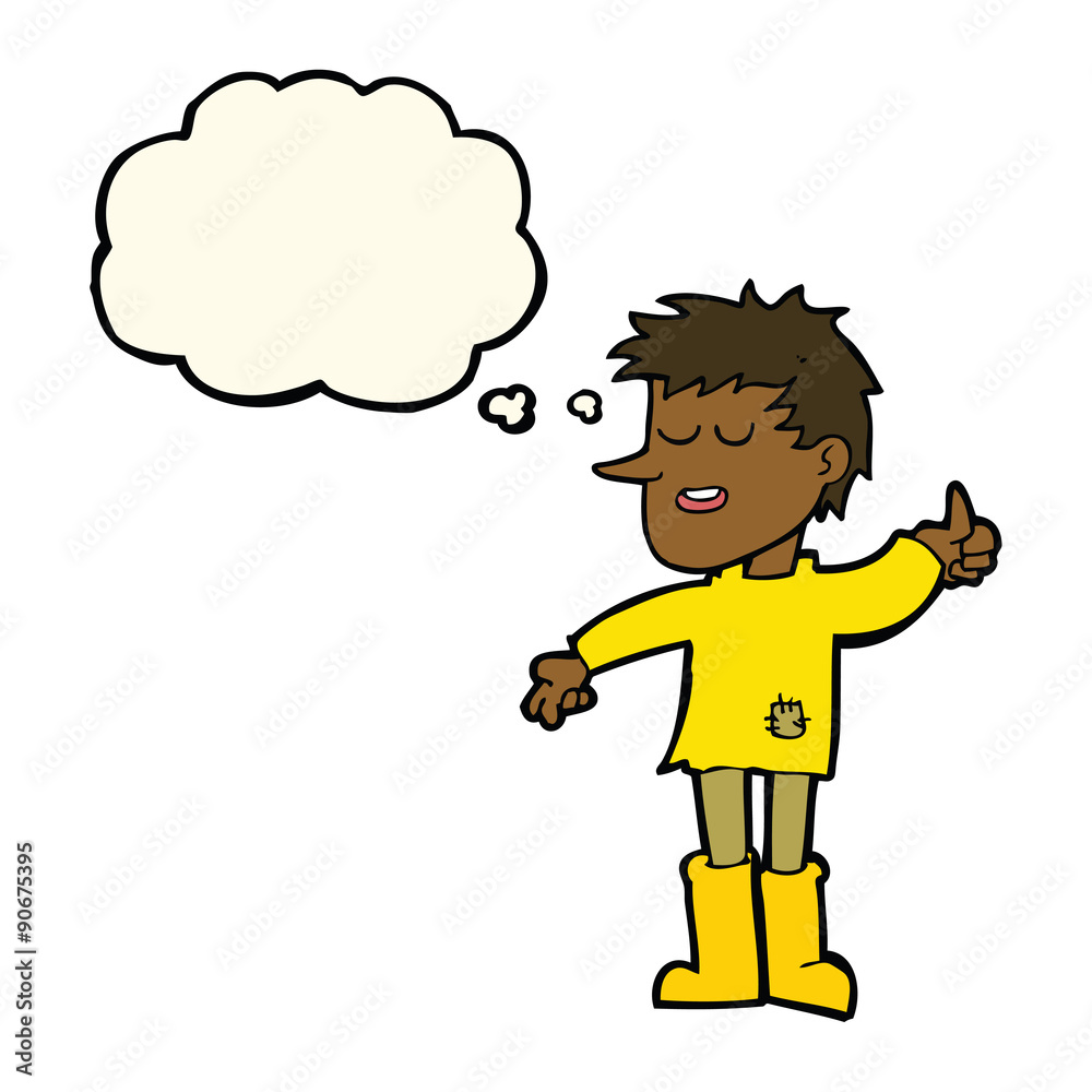cartoon poor boy with positive attitude with thought bubble cartoon poor boy with positive attitude with thought bubble