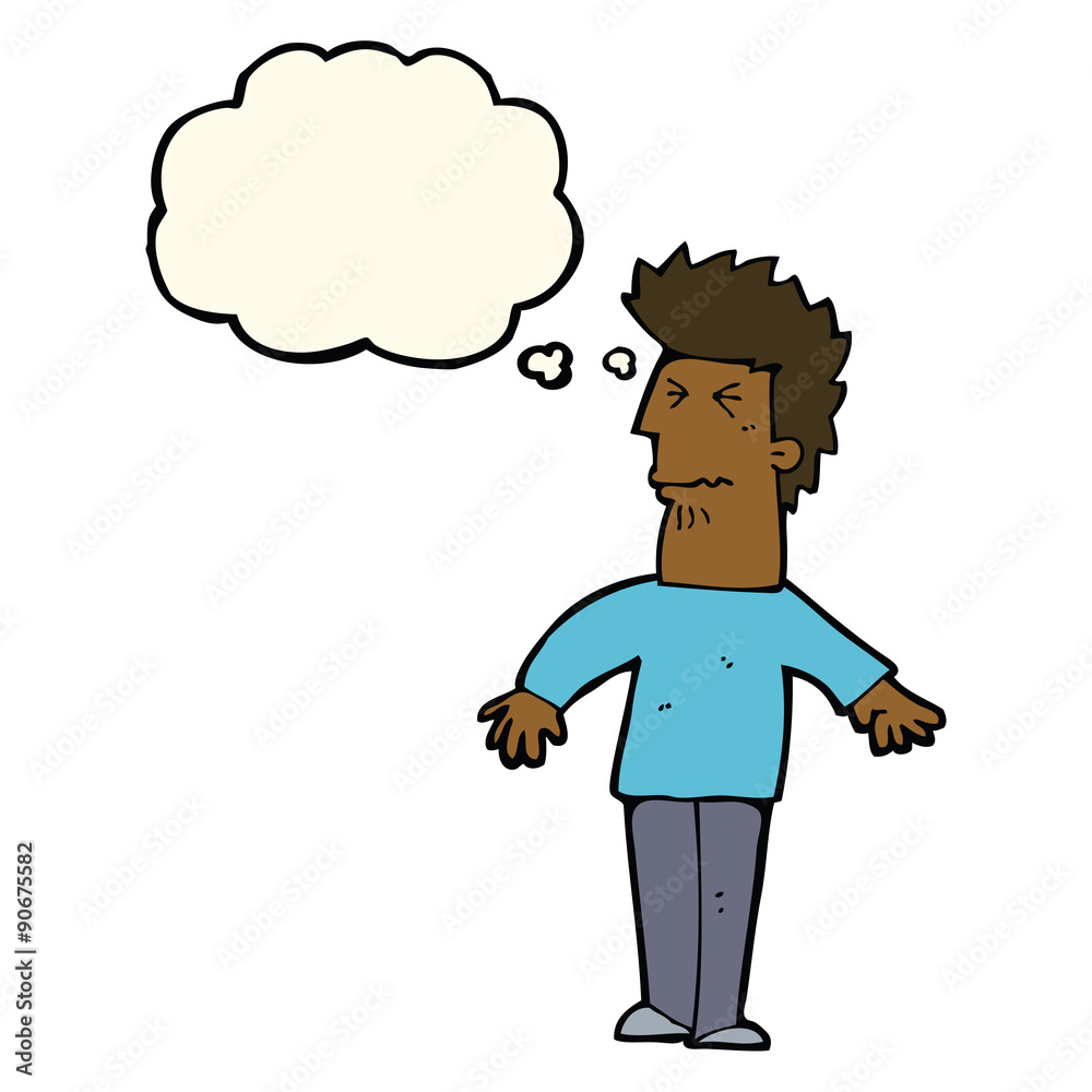 cartoon stressed man with thought bubble