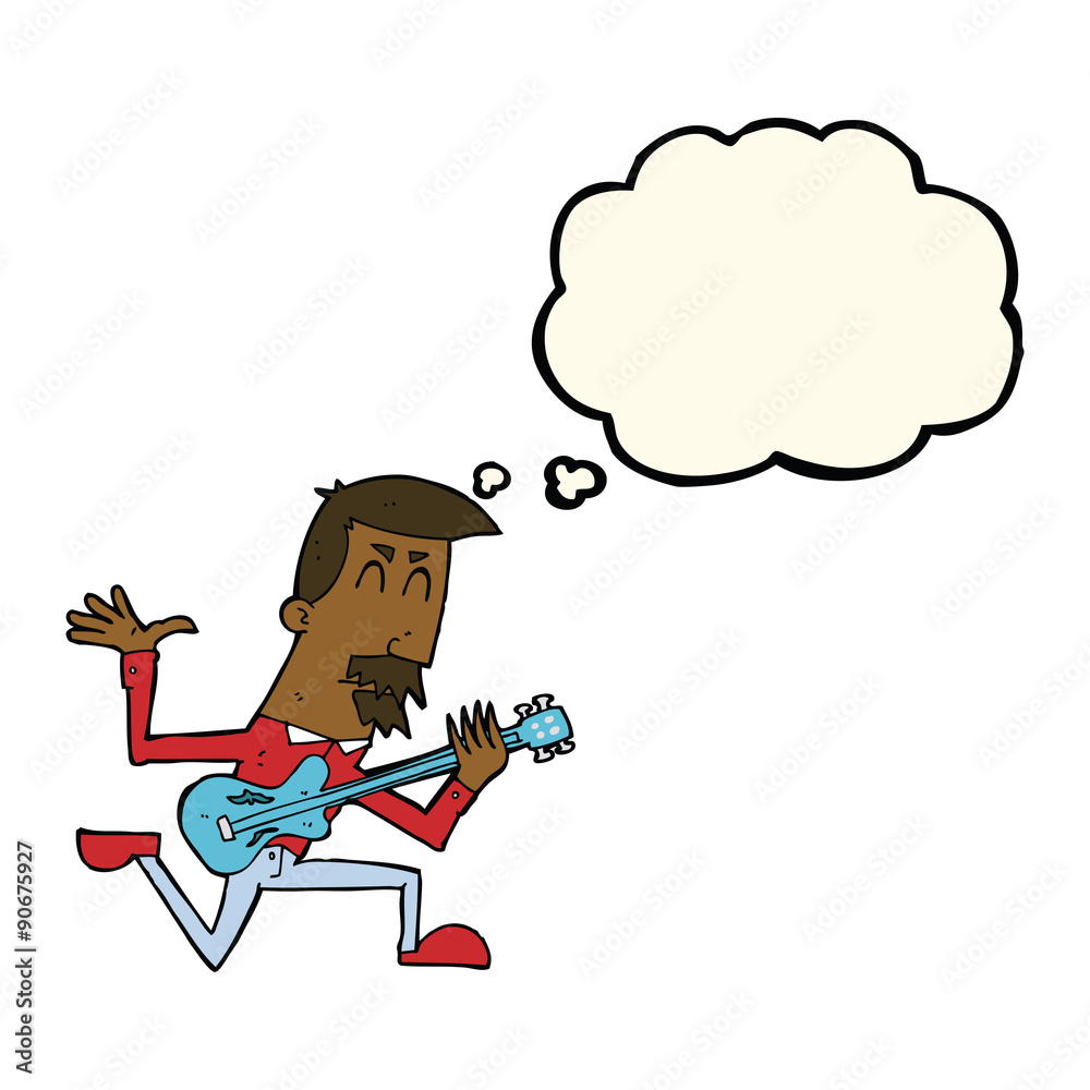 cartoon man playing electric guitar with thought bubble cartoon man playing electric guitar with thought bubble
