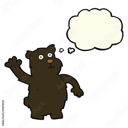 cartoon waving black bear with thought bubble