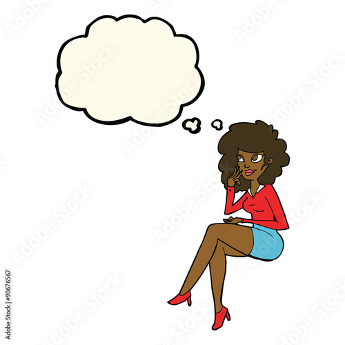 cartoon office woman sitting with thought bubble