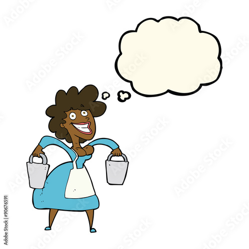 cartoon milkmaid carrying buckets with thought bubble