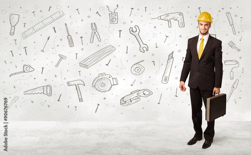 Construction worker planing with hand drawn tool icons Construction worker planing with hand drawn tool icons