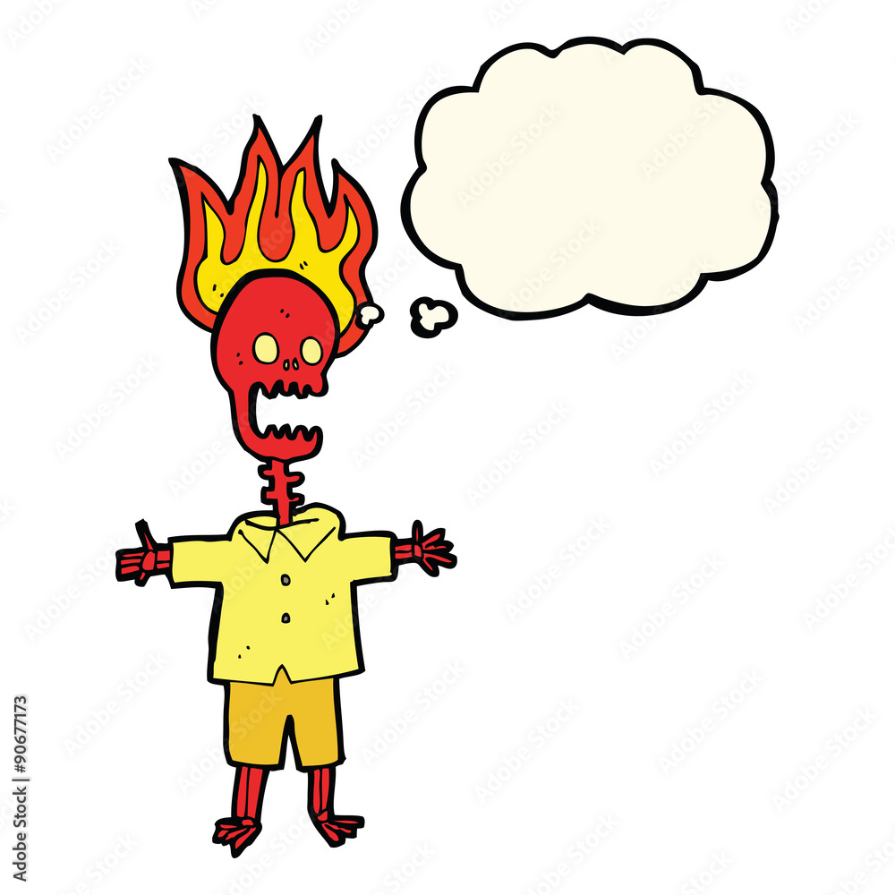 Obraz premium cartoon flaming skeleton with thought bubble