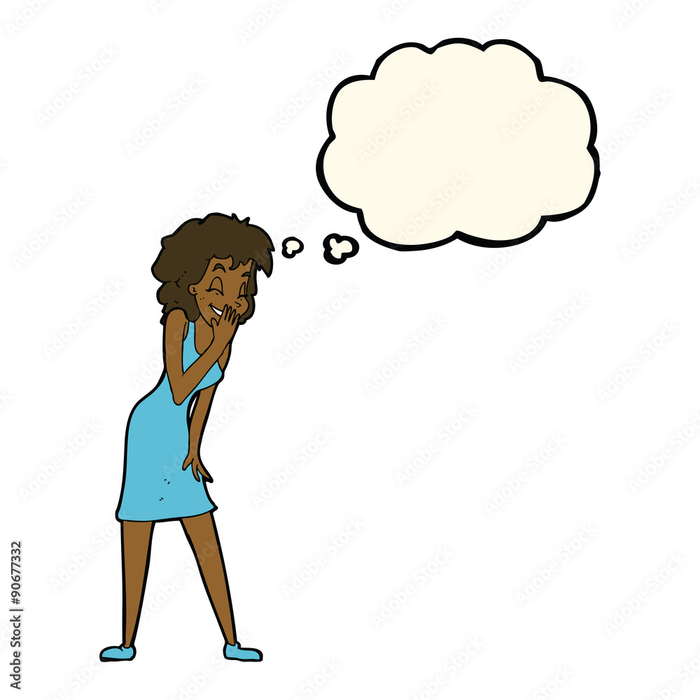 cartoon woman laughing with thought bubble cartoon woman laughing with thought bubble